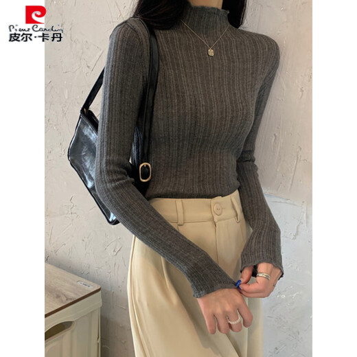 皮尔卡丹（pierre cardin）木耳边毛衣女薄款秋冬季半高领打底衫内搭洋气修身针织衫长袖上衣 燕麦色【气质上衣/温柔系/欧美/ S 【针织衫秋季女/毛衣女秋冬】