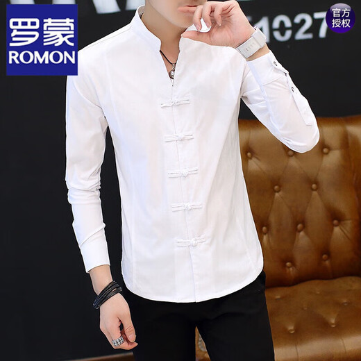 
ROMON Chinese style shirt men's long-sleeved retro men's shirt stand collar Tang suit handsome spring and autumn thin casual white 9905 black M