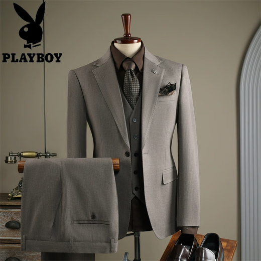 Playboy winter suit men's high-end business formal double-breasted striped suit three-piece groom's wedding dress one button-warm brown three-piece suit 7XL 64