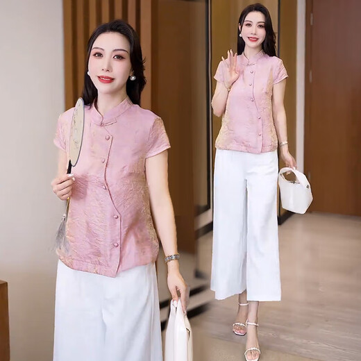 
Xin Yimei's new Chinese style shirt for women's short-sleeved 2025 summer new loose belly-covering and slimming button-up shirt versatile pink purple top XL [weight 106-115Jin [Jin equals 0.5 kg]]