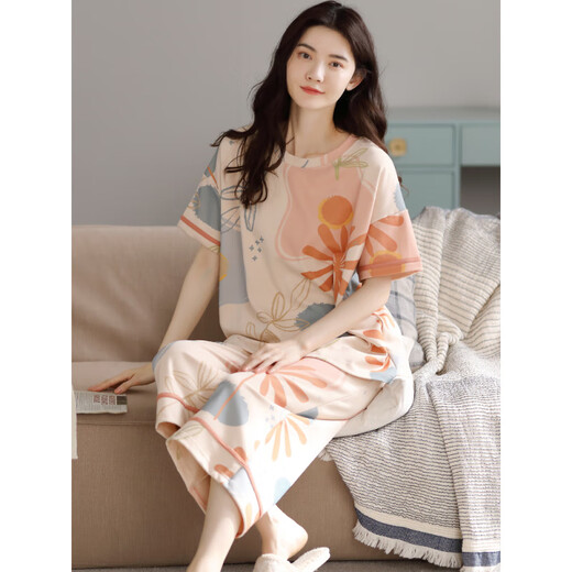 Cat Man Pure Cotton Pyjamas Femme 2025 Été NOUVEAU FEMME À MARCHES CARRIÉS PANTÉ CRARDED SET Été Élégant costume Summer Yr: 6189 Blue Wreath Rabbit White Pantal