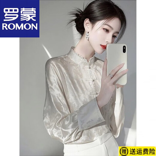 ROMON early spring Chinese style jacquard lace stand collar new Chinese style long-sleeved shirt women's high-end temperament top 8899 white long sleeve XL 115-125
