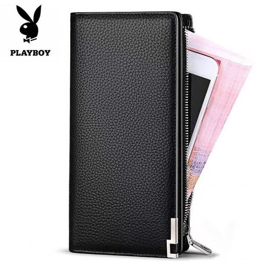 Playboy men's wallet long mobile phone bag genuine leather texture large capacity card wallet business new zipper clutch black lychee pattern edging 11 card positions