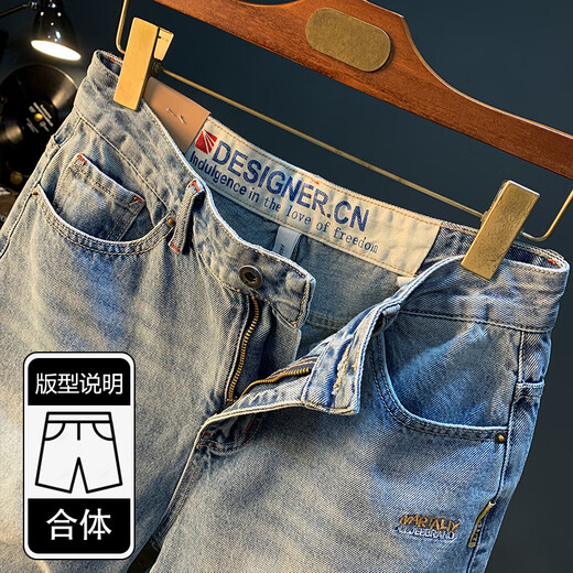 AEMAPE American Apple Summer Casual Shorts Men's Large Size Light Color Pure Cotton Five-Cubic Jeans Trendy Embroidery High-end Men's Blue [XY9922] 33 Suitable for weight 150-158Jin [Jin equals 0.5 kg]