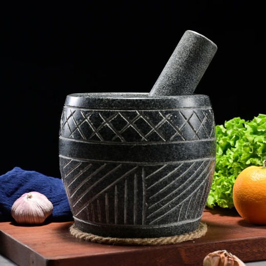Sailoto large hand-made garlic pounder stone garlic mortar household grinder stone mortar for pounding medicine, smashing pepper, peeling garlic and garlic press, 25 cm diameter hand-made jar type with wooden hammer step