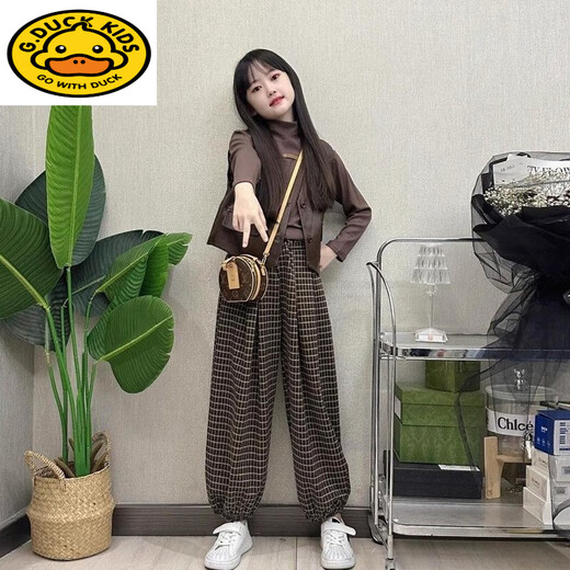 G.duck bombs the street parent-child clothing, mother and daughter clothing, spring and autumn loose-fitting suits, stylish vest, bottoming shirt, T-shirt, plaid pants, three-piece trendy vest + bottoming shirt + pants 165 Adult S size recommended weight 98-110 Jin Jin is equal to 0.5 kg Left