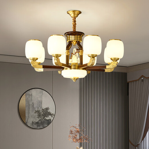 Sanxiong Aurora Neue chinesische Kronleuchter Wohnzimmer Lichter Walnussfarbe Chinesische Schlafzimmer Schlafzimmer Esslicht Moderne atmosphärische chinesische klassische Lichter HX9928 Kopf Drei Farben wechseln Licht