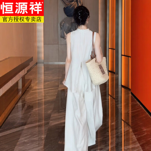 Hengyuanxiang Summer Beauty Set 2025 Super Hot New Lazy Temperament Celebrity Fashion Sleeveless Top Wide Legs Pants Set Women's Oat Color L [Suggested 100-110Jin [Jin equals 0.5 kg]]