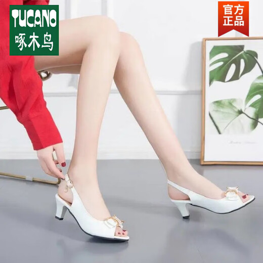 Specht offiziell 35-44 Großgröße Frauenschuhe 41 Bogen Sandalen Frauen 42 mittelschwer-fisch-Mundschuhen Dicke Absätze Leichte Speichel High Heels Weiß-Marken-Flaggschiff 35 kleine Größe