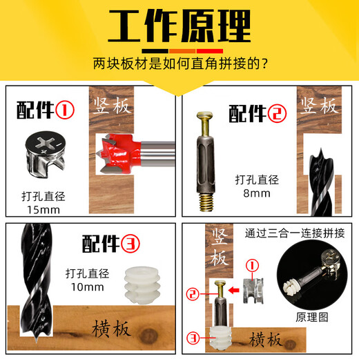 Three-in-one hole punch door cabinet three-in-one connection piece woodworking hole opener drill bit set eccentric wheel 15mm 8mm drill bit three-piece set