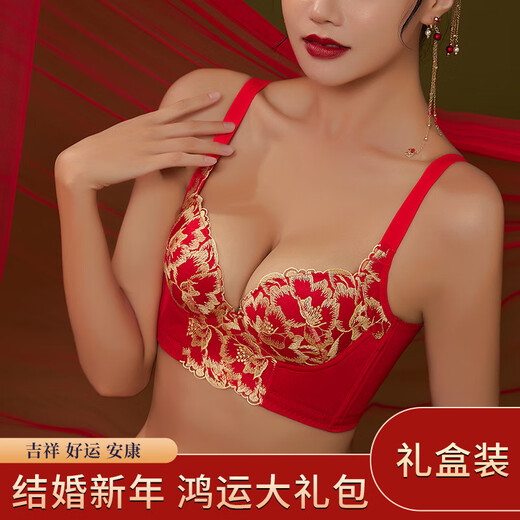 维多利亚的格调本命年结婚红色内衣女刺绣无钢圈防下垂收副乳聚拢上托文胸罩套装 6624【单件文胸无礼盒】 80A