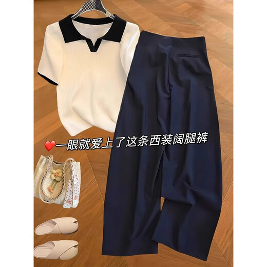 妍莉芬（yanlifen）欧货2025年夏季新款穿搭衣服松弛感白色冰丝t恤裤子两件套装女装 白色上衣+裤子 L 【110-120斤】