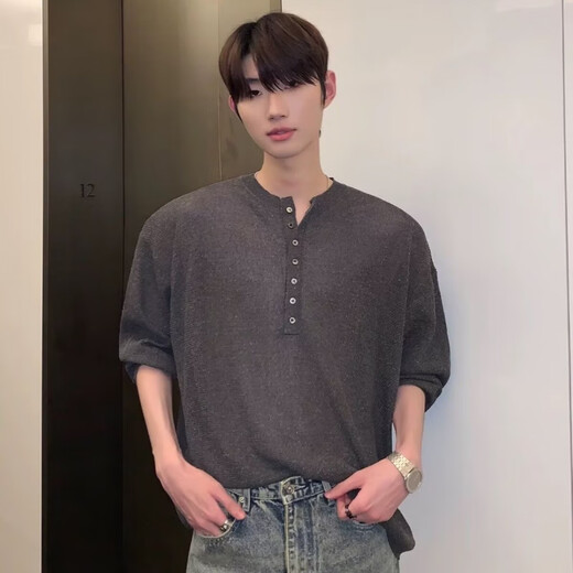 Digada American retro Henry collar thin slightly see-through sweater for men autumn loose outer wear versatile long-sleeved T-shirt top THFS-K139 white L