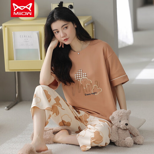 
Cat Man (MiiOW) pure cotton pajamas for women in summer short-sleeved cropped pants sports style loose and casual can be worn outside spring home clothing suit T-9854 (short suit) M (80-100Jin [Jin equals 0.5 kg])