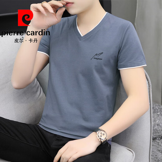 皮尔卡丹（pierre cardin）2025夏季棉质V字领短袖男t恤鸡心领潮牌休闲半截袖简约纯色上衣服 黑色 QY659 M