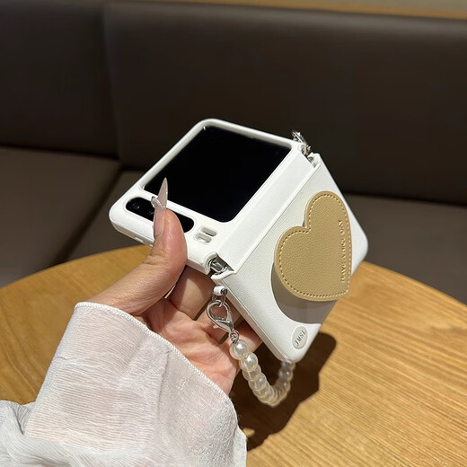 科沃奇适用华为Pura X手机壳新款皮质爱心支架铰链全包丝巾手提保护套purax典藏版折叠屏珍珠链防摔壳女 铰链全包白壳-爱心支架+珍珠手链 华为 Pura X