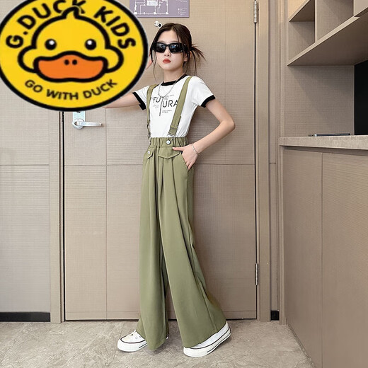 G.DUCKKIDS女童背带裤夏季薄款2025新款女大童夏装套装女孩夏款黑色儿童裤子 黑色套装 170