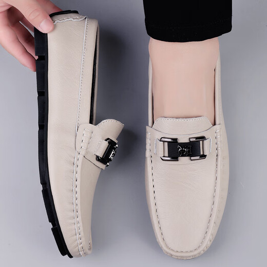 Light luxury trendy leather shoes for men 2025 new summer breathable soft sole business casual driving genuine leather beanie shoes 9930 meters white 41
