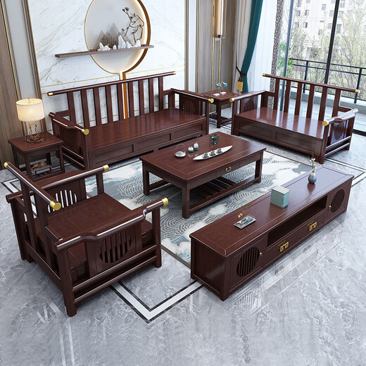 Wenting Yayuan Solid Wood Sofa Living Room New Chinese Style Black Gold Wood Storage Guifei Fabric Combination Light Luxury Small Apartment Furniture 9901 1+1+3+ Drawer Coffee Table [Storage Model] Cat Scratch Leather Cover