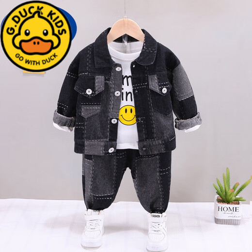 G.Duckkids Baby Kleidung Jungen Frühlings- und Herbstanzug 1-4 Jahre alt modische Baby-Denimjacke Drei-teilige Set 2025 neuer Stil Blue Block Denim Drei-teilige Set 47 90 cm Empfohlenes Alter 1-2 Jahre alt