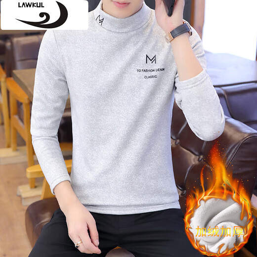 Langgu LAWKUL long-sleeved t-shirt for men in autumn and winter plus velvet and thickened half turtleneck bottoming shirt trendy slim and warm men's top T7151 Khaki XL