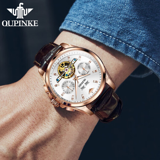 OUPINKE NOUVELLE MONTRE MENS MECANICAL MECANICAL WARTY ENTIÈREMENT AUTALATIQUE MULTIFONNELLE LUMINEMENT ARRÉPRÉPORT BUSINESS WORT Gift pour mari [Version améliorée] Produit 3291 Brown Leather Rose White Men