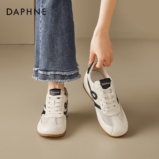 达芙妮（DAPHNE）复古德训鞋女2025新款夏季薄款网面透气小白鞋内增高百搭休闲板鞋 米黑色-透气网面 37