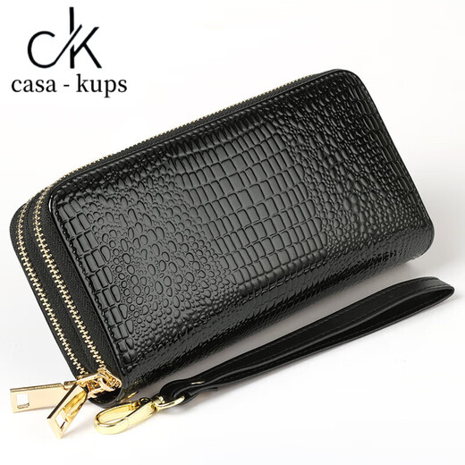 casa-kups2025真皮双拉链钱包女士长款大容量手拿包双层钱夹亮皮零钱包简约 黑色鳄鱼纹