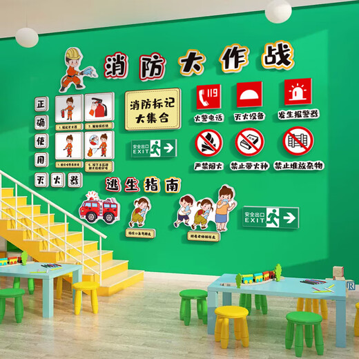 幼儿园墙面装饰安全教育环创主题墙贴幼儿园环创主题墙成品消防安 15829消防安-大红中黄橙黄咖啡烟 特大