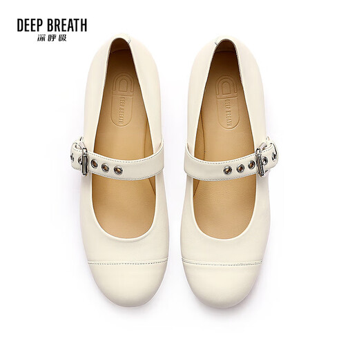 
DEEP BREATH Deep Breath Women's Shoes Genuine Leather Round Toe Flat Inner High-rise Belt Buckle Ballet Shoes Single Shoes AX11164 White 38