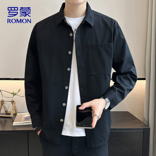 ROMON long-sleeved shirt men's autumn and winter trendy casual loose shirt trendy jacket men's black L