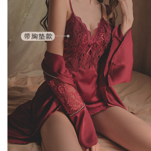 维多利亚的格调性感睡衣女冬季丝绸2025新夏款红色结婚带胸垫吊带睡裙袍套装春秋 9227白色 M _建议80-100斤