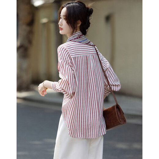 Demana contains natural linen, autumn relaxed prologue lapel striped shirt, hidden flesh petite shirt, women's top