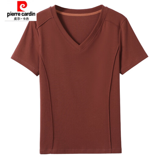 Pierre Cardin 2025 Neue Mode Casual V-Ausschnitt Pure. Baumwollschulter kurzärmeliges T-Shirt für Frauen im Sommer Korean New Lose Black Short Burgund (9855 Baumwolle) S 85-95jin [Jin entspricht 0,5 kg]