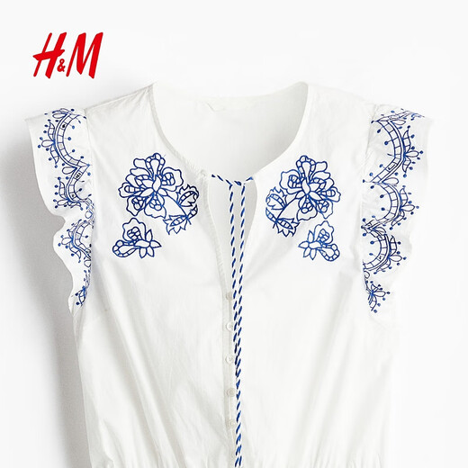 H/M Jumpsuos femeninos 2025 Autumn Nuevo viajero bordado bordado de la cintura redonda de temperamento que abraza el temperamento 1291739 Patrón blanco/azul XXS 150/76 XXS
