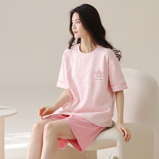 北极绒睡衣女夏季短袖短裤纯棉圆领薄款甜美粉色家居服套装可外穿 Z9855 M 【建议80-100斤穿】