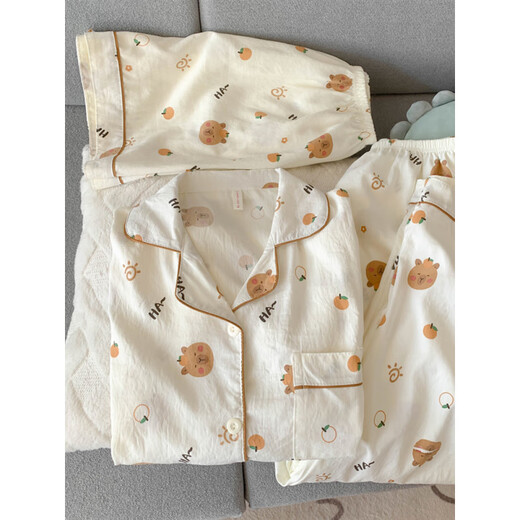 Arctic Velvet Kapibala-Pyjamas für Frauen im Sommer 2025 Neue reine Baumwollgaze niedliche Studenten Drei-teilige Heimkleidung Sommerwolke Cotton-J9901# Paradise Puppy Drei-teilige Set M [Vorschlag 75-100jin [Jin gleich 0,5 kg]]