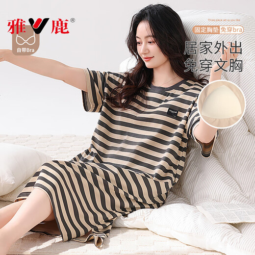 雅鹿2025新款带胸垫睡裙女款夏季纯棉短袖薄款条纹睡衣家居服裙 无胸垫14107 M 160 建议体重80-100斤左右