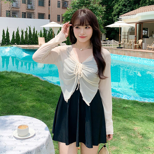 Xiangweier new product 2025 new long-sleeved blouse sun protection two-piece set fat mm swimsuit covering belly and slimming skirt style large one-piece black XL