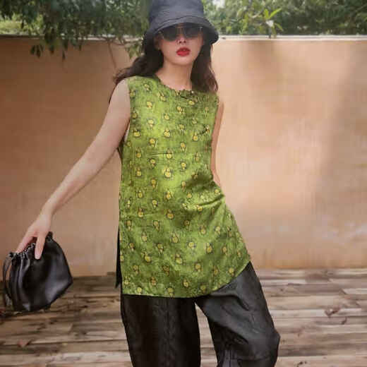 Flower Shadow Yaoyao Mejora de nuevo estilo chino seda jacquard fragancia nube de nubes top para mujeres con chaleco sin mangas sin mangas clip de caballo pequeño longitud media e50790 verde regular s