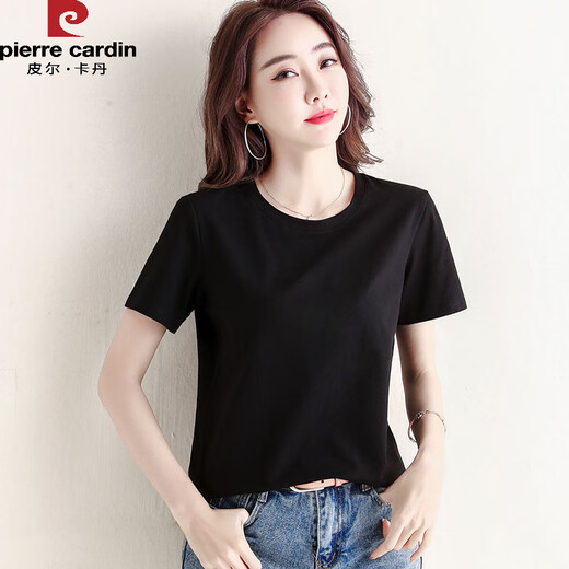 皮尔卡丹（pierre cardin）纯棉短袖t恤女士宽松百搭纯色圆领黑色打底体恤衫夏季上衣服 6172黑色 短袖 M (建议80-105斤)