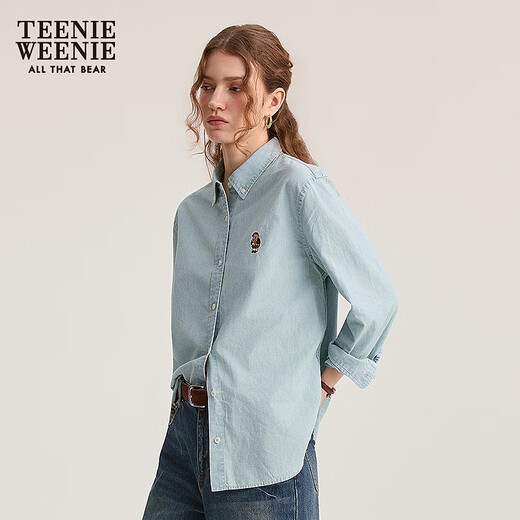 Teenie Weenie小熊女衬衫秋冬时尚舒适宽松学院风刺绣牛仔衬衣上衣 浅蓝色 M