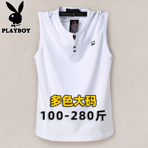 Playboy Henry Collar Pure Cotton Thin Summer V-Neck Vest Men's Broad Shoulders Plus Fat Extra Large Loose Shoulder Sweatshirt Fat Man Sleeveless T-Shirt Navy V 4XL Recommended 205-225Jin Jin is equal to 0.5 kg