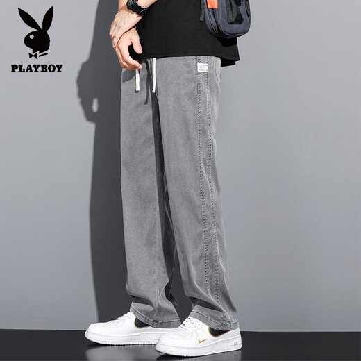 花花公子（PLAYBOY）夏季天丝牛仔裤男宽松直筒潮牌休闲阔腿裤男2025新款冰丝长裤 1048蓝色 M 95-115斤