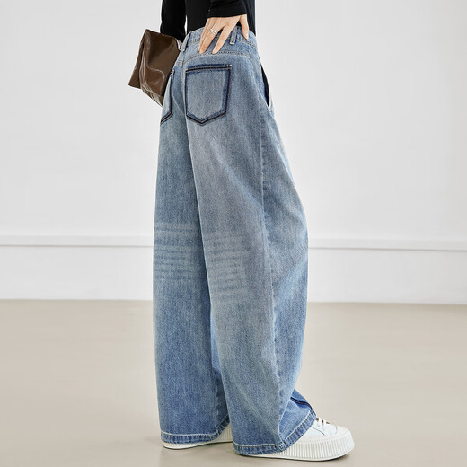 Дизайн диалога Sense Split Straight Jeans для женщин 2025 Осень Новая модная модная стирка Свободные тонкие повседневные брюки Джинсовая синяя 26