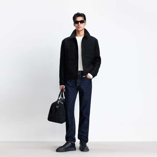 JACK&JONES 25-year men's autumn men's woolen coat solid color wool 100% woolen coat men's short woolen coat E43 pure black slightly loose, card size is small M (175)