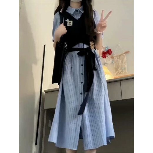Booth sage [9742 people collect] New French style waist-hugging striped fake two-piece dress for girls mid-length dress fake two-piece dress [brand high quality] M