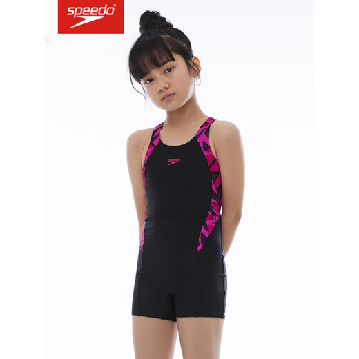 速比涛（Speedo）儿童平角泳衣舒适抗氯防晒女孩训练比赛连体游泳衣 黑色/电光粉8-12392G720 140 70(9-10岁)