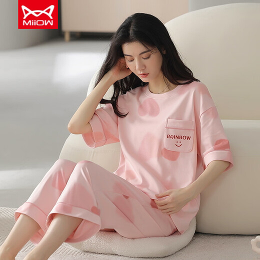 
Cat Man (MiiOW) pure cotton pajamas for women in summer short-sleeved cropped pants sports style loose and casual can be worn outside spring home clothing suit T-9854 (short suit) M (80-100Jin [Jin equals 0.5 kg])
