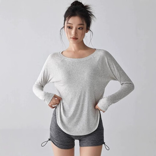 Bright dipped yoga clothes for women autumn new quick-drying loose Pilates training fitness tops sports long-sleeved blouse white hemp gray L /XL